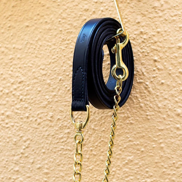 Black Leather Lead With Brass Chain